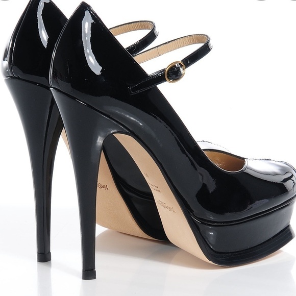 YSL- Tribute Black Patent Leather Mary Jane Peep Toe Platform Heel - Picture 4 of 14